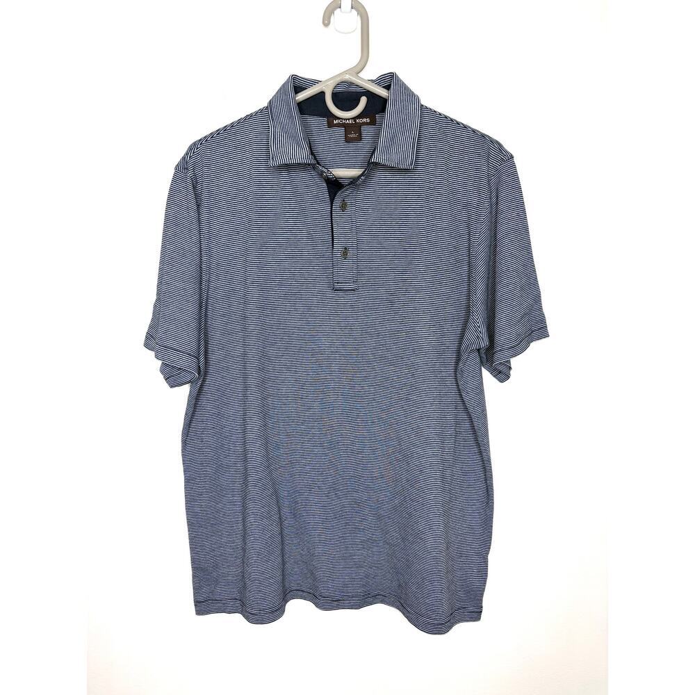 Michael Kors Men's Striped Polo Shirt Sz L 100% Cotton Preppy Golf Coastal Blue